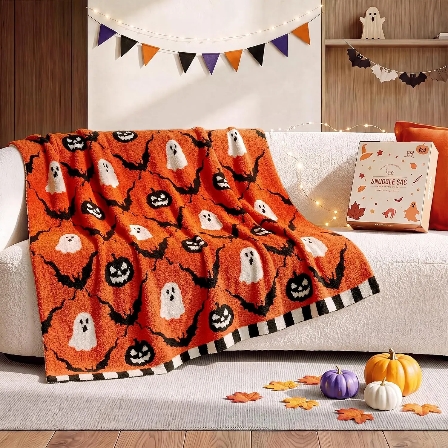 Snuggle Sac Halloween Throw Blanket, 50x60 Inches Orange Plaid Blanket | Bat Wing-inspired Plaid with Pumpkins and Ghosts, for Couch, Bed, Sofa, Ultra-soft for Décor & Gifts