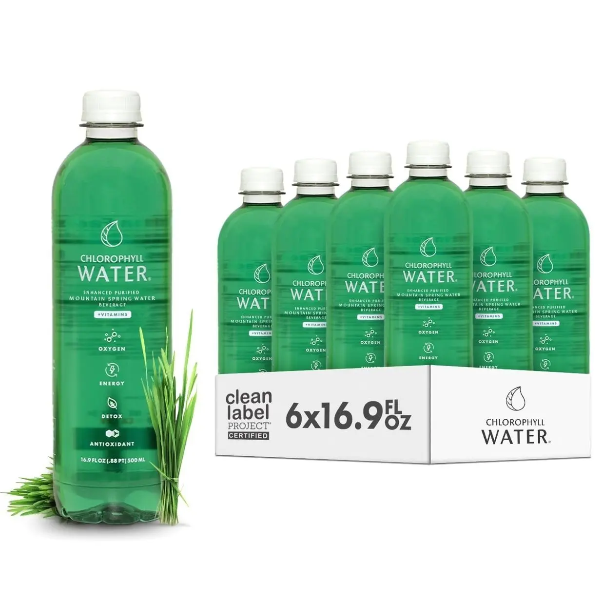 Chlorophyll Water (6-pack) Certified Clean Label, Chlorophyll Liquid Drops in Purified Water, Beauty Drink for Glowing Skin, Anti-Aging & Natural Detox with Plant-Based Vitamins A, B12, C, D3 (16.9oz)