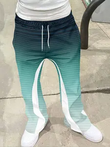 Men's Vintage Bell Bottom Pants with Geometric Patchwork, Casual Street Style with Drawstring Waist and Fringe Hem, All Season Comfort