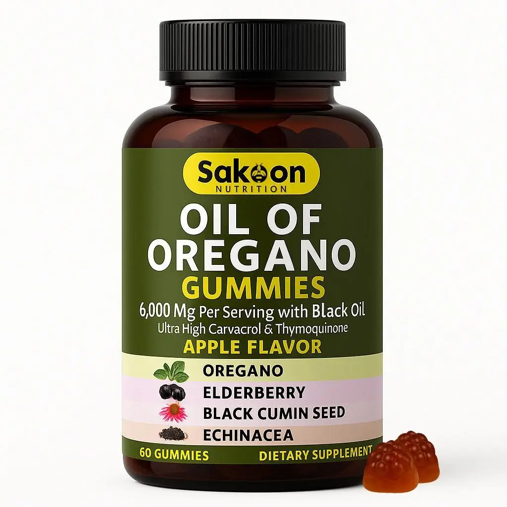 Oil of Oregano Gummies -300mg Oregano Oil, 200mg Black Cumin, 100mg Elderberry, 100mg Echinacea - Vegan, Non-GMO,  60 Count Apple Flavor