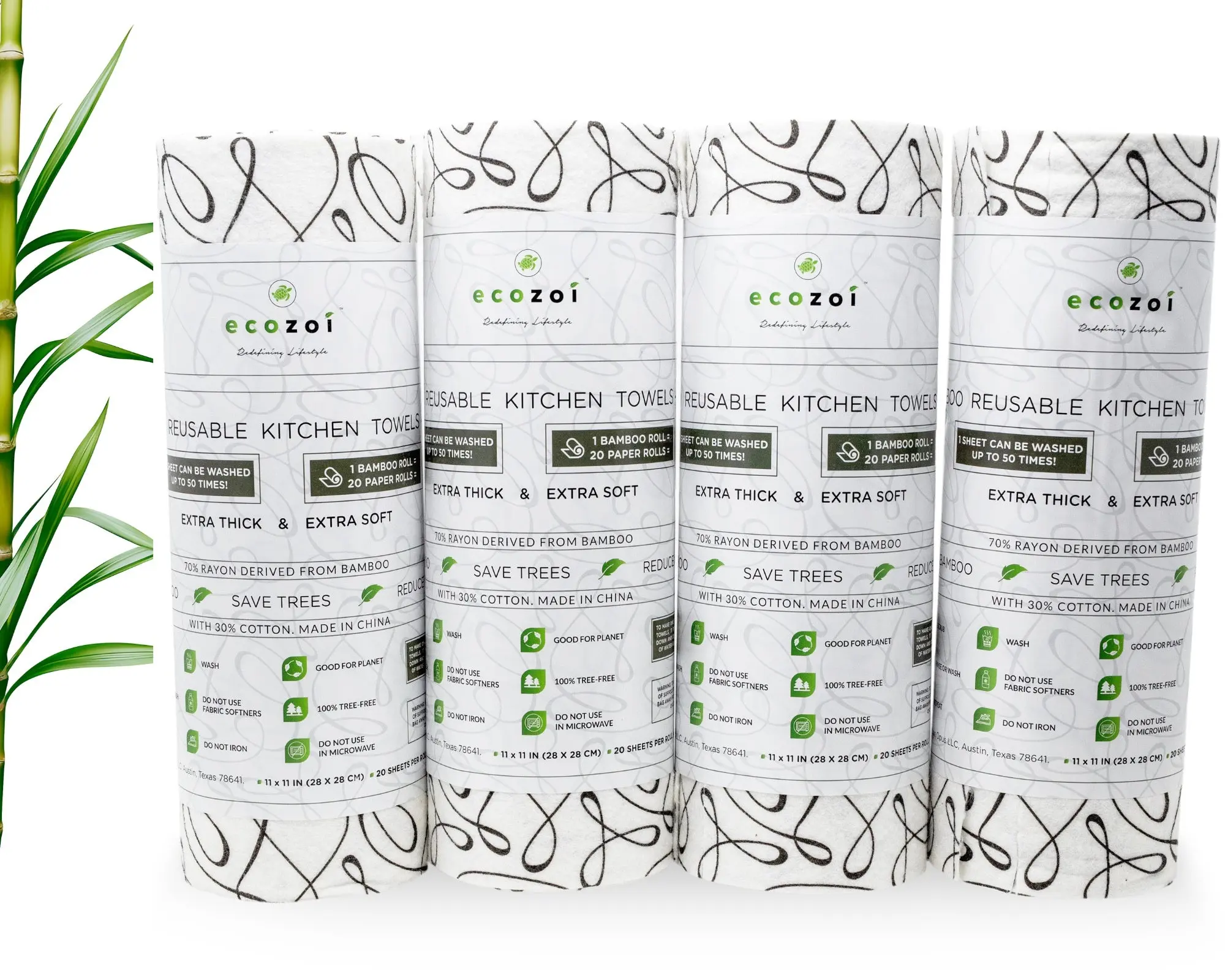 Bamboo Kitchen Paper Towels, Reusable Tree-Free Rolls with Design, 4 Pack