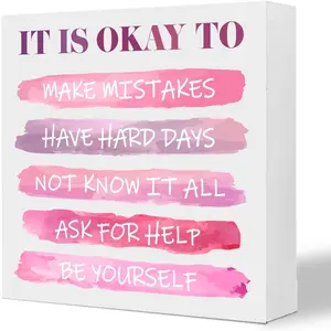 Inspirational Wooden Box Sign, Positive Affirmations Sign Novelty Desk Decor Gifts for Women, Pink Motivational Plaque Sign for Therapy Office Home Bedroom Table Shelf - It's OK to Make Mistakes (5x5 Inches)