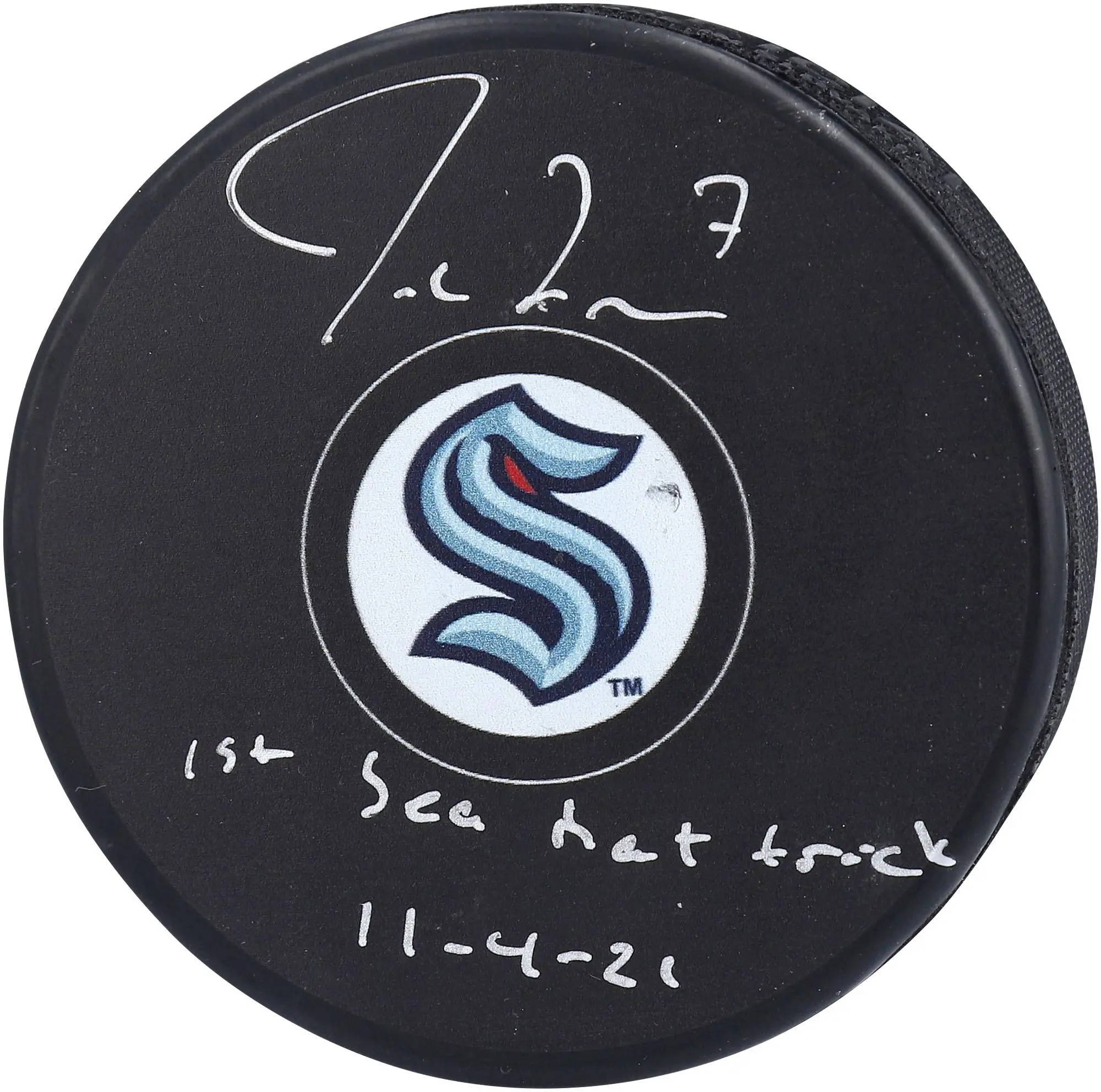 Jordan Eberle Seattle Kraken Autographed Hockey Puck with "1st Sea Hat Trick 11/4/21" Inscription - Fanatics Authentic Certified