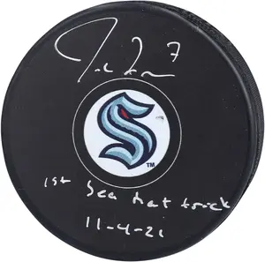 Jordan Eberle Seattle Kraken Autographed Hockey Puck with "1st Sea Hat Trick 11/4/21" Inscription - Fanatics Authentic Certified