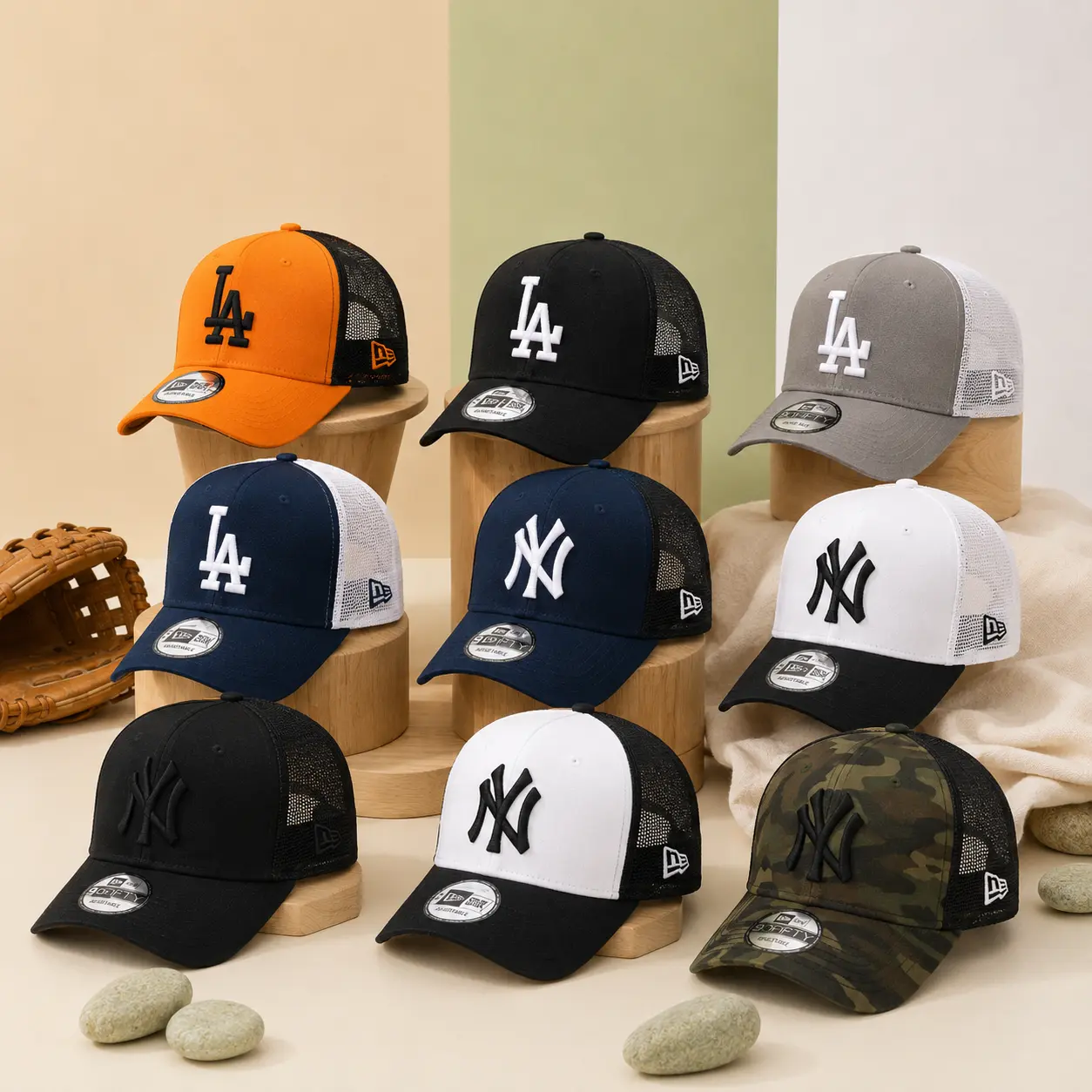 New Era Trucker Cap LA Dodgers NY Yankees Mesh Snapback Hat Adjustable Baseball Cap Breathable Curved Brim Classic Sports Hat Outdoor Casual Streetwear Summer Mesh Hat Unisex Golf Fishing Hiking Running Travel Everyday Wear Gift for Men Women