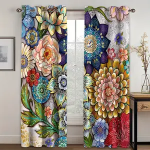 2pcs Floral Boho Curtains Bohemian Colorful Flowers Decor for Home Bedroom Living Room Darkening Curtains Grommet Window Drapes