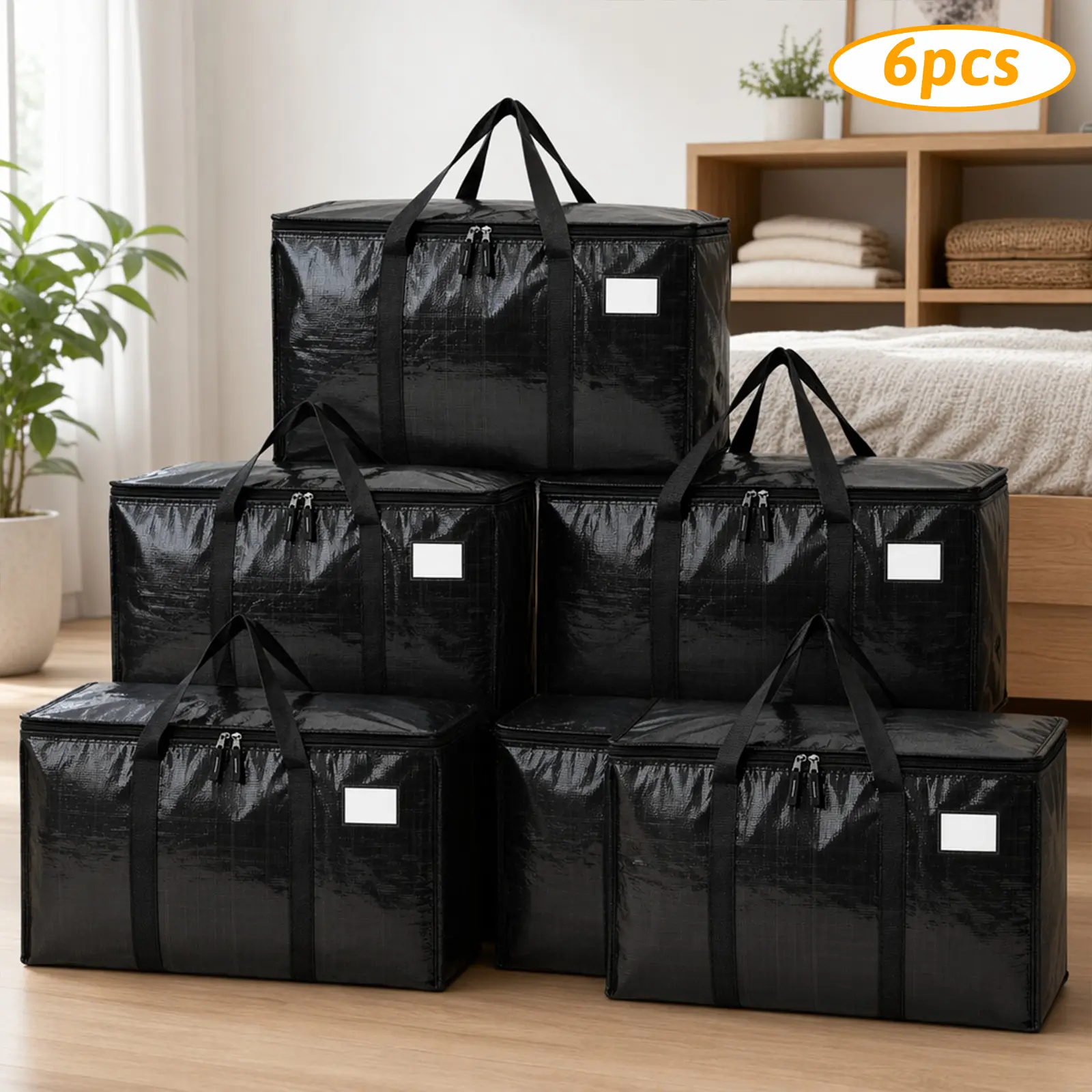 6 Pack Heavy Duty Extra Large Moving Bags Waterproof Foldable Storage Totes with Zippers & Handles for College Dorm Household Storage Black