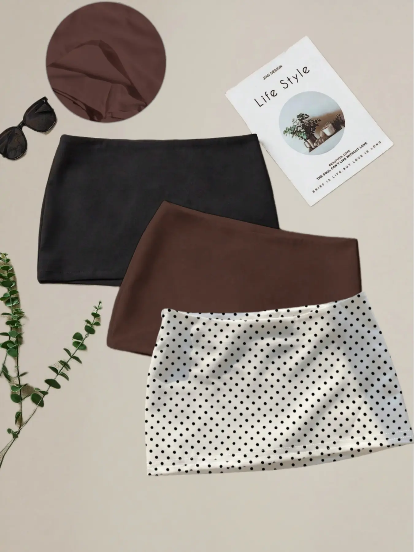 Fashionable Solid Color Polka Dot Midi Skirt 3-Piece Set for Spring Summer Autumn, Stylish Casual Commuter Bottoms for Women