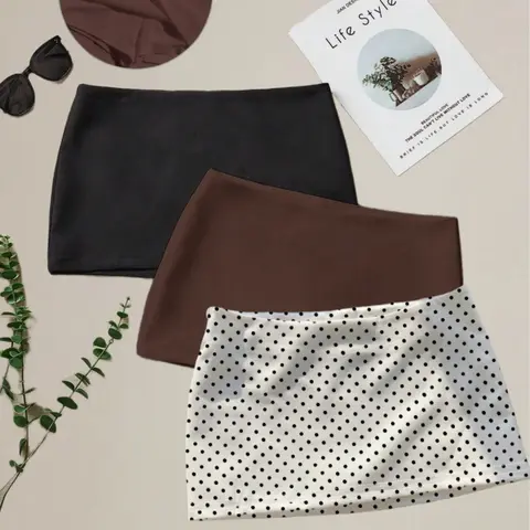 Fashionable Solid Color Polka Dot Midi Skirt 3-Piece Set for Spring Summer Autumn, Stylish Commuter for Women, Casual Skirt