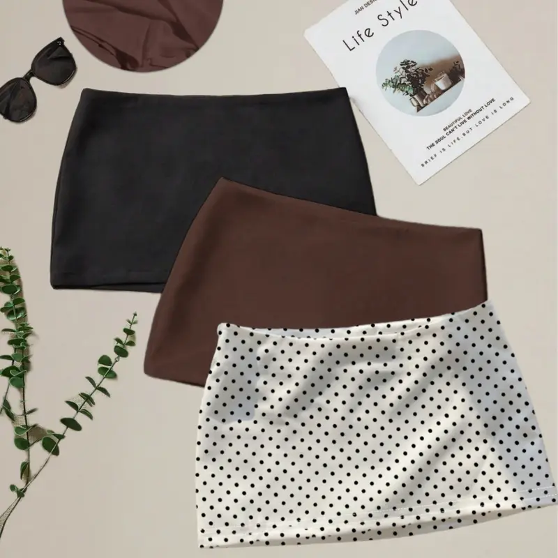 Fashionable Solid Color Polka Dot Midi Skirt 3-Piece Set for Spring Summer Autumn, Stylish Commuter for Women, Casual Skirt