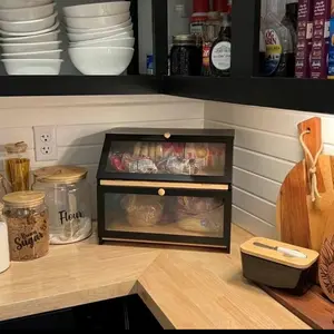 Homekoko Double Layer Large Bread Box - Wooden Storage Bin for Fresh Bread, Large Capacity, Black Color, Not Microwave-Safe, Food Cover Containers