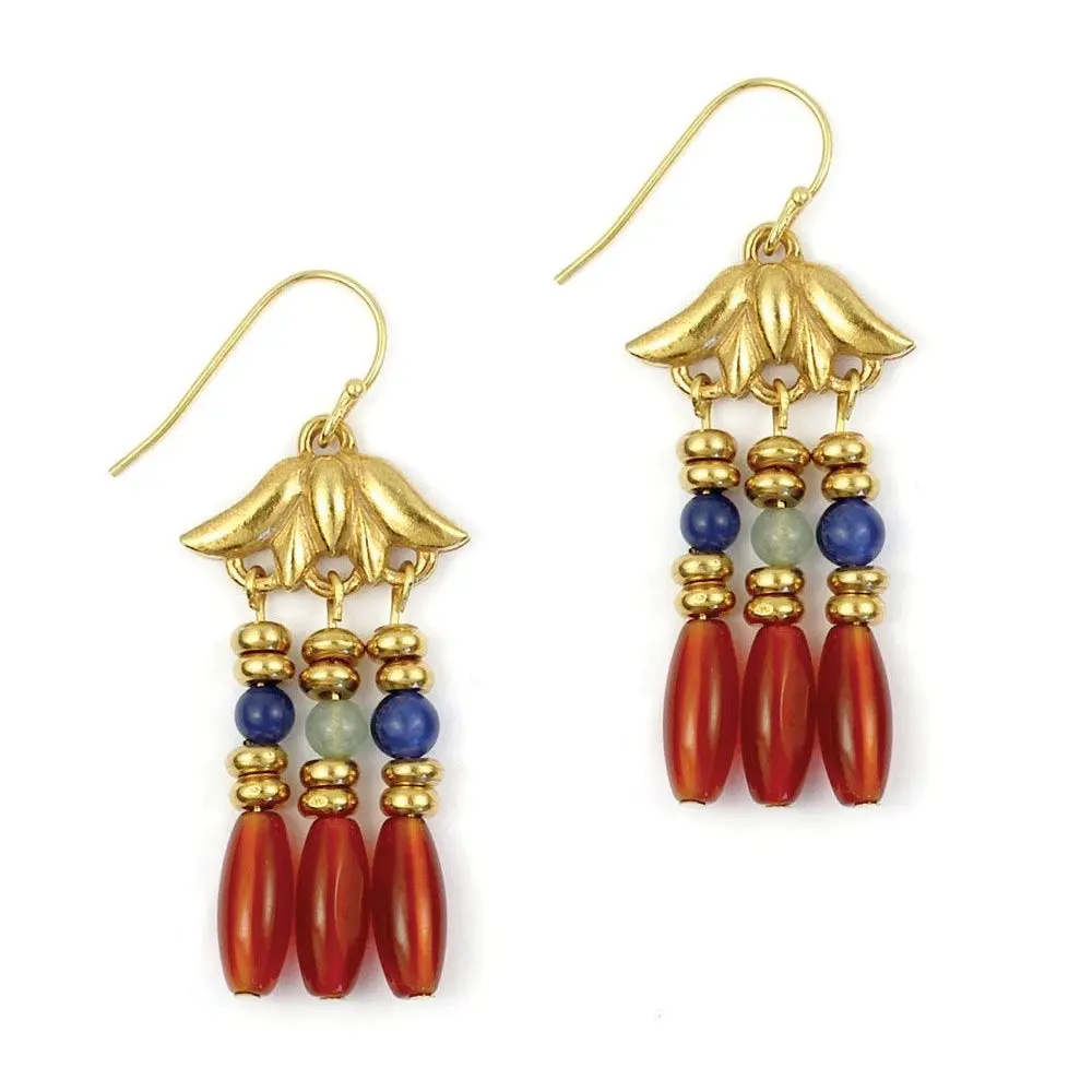 Egyptian Lotus Triple Drop Earrings - Carnelian, Aventurine and Sodalite