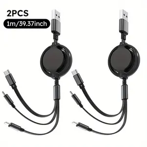 1-2pcs Firsting 1M/3Ft 3 in 1 Retractable USB Cable 3 in 1 USB Charging Cable with Type-C, Micro USB, IP Port for Most Phones/Iphones/Tablets Cellphone Charger Smartphone Electronic