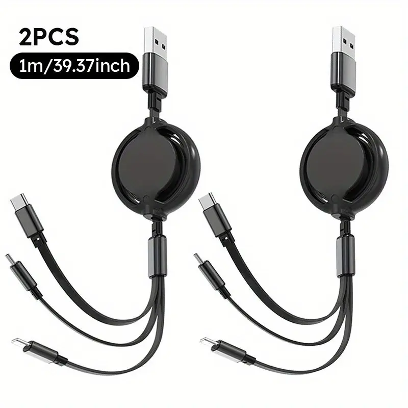 1-2pcs Firsting 1M/3Ft 3 in 1 Retractable USB Cable 3 in 1 USB Charging Cable with Type-C, Micro USB, IP Port for Most Phones/Iphones/Tablets Cellphone Charger Smartphone Electronic