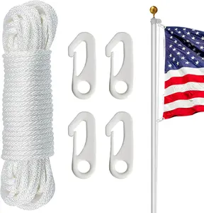 Flag Pole Rope Kit - 50 Feet x 1/4" Diameter, Flagpole Nylon Halyard with 4 Pieces Nylon Hook Clips - Outdoor Flagpole Accessories, Rope for Clothesline, Swing, Camping (White)