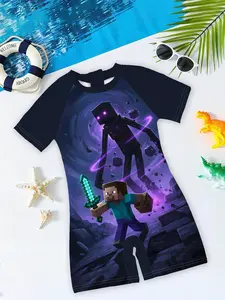 Boys' one-piece swimsuit "Steve Enderman Adventure Edition" with dark scene prints + raglan sleeve design, cool and sun-protective, instantly enhancing the summer pool/beach outfit atmosphere!