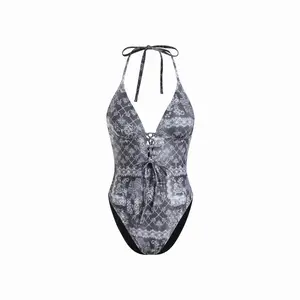 Cider Tile Halter Neckline Lace Up High Stretch One Piece Swimsuit SwimWeek