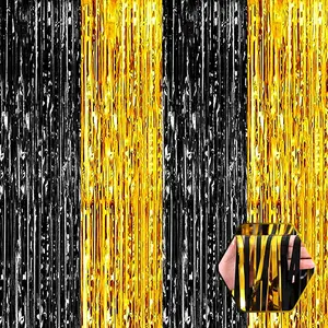 6 Pack Black  Foil Fringe Curtain Backdrop, 3.28Ft x 9.8Ft Metallic Tinsel Foil Fringe Streamer Curtains for Photo Booth, Christmas Day, Thanksgiving, Wedding,  Year Party Decorations