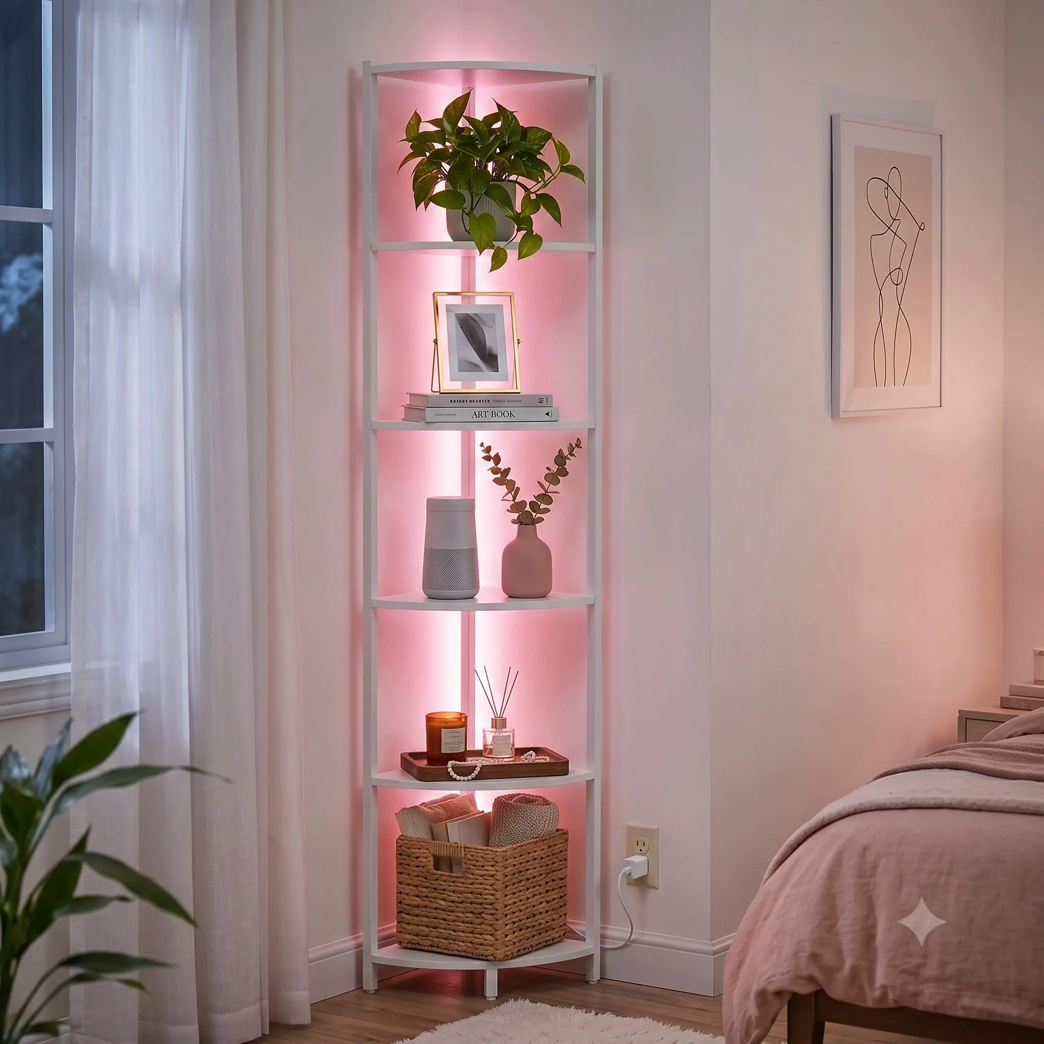 White 6-Tier LED Corner Shelf with Steel Frame, 66" MDF Organizer Decor Kit for Living Room, Bedroom - Indoor Furniture Display Stand