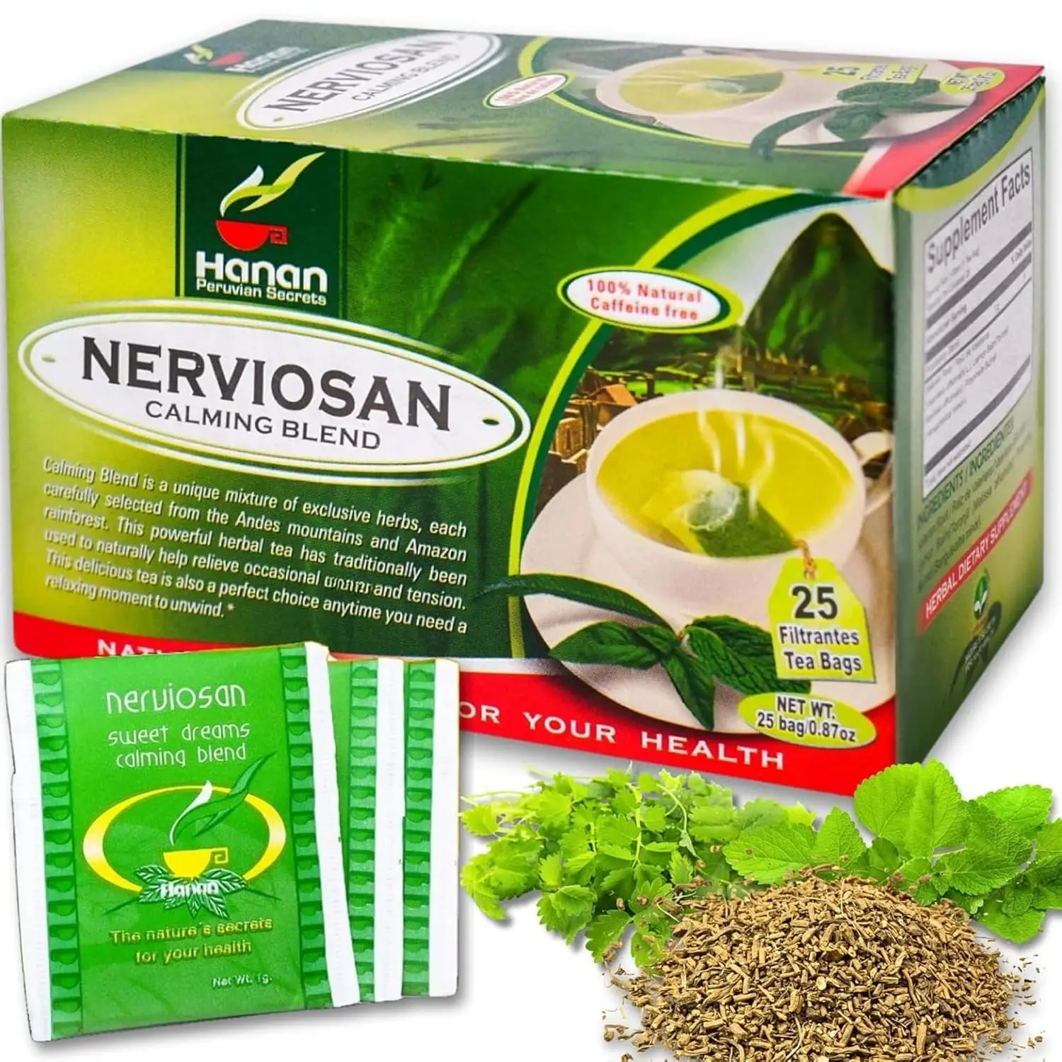 Nerviosan Herbal Calming Tea – 25 Natural Tea Bags with Valerian Root, Lemon Balm & Burnet | Traditional Peruvian Herbal Blend | Caffeine-Free Wellness Tea