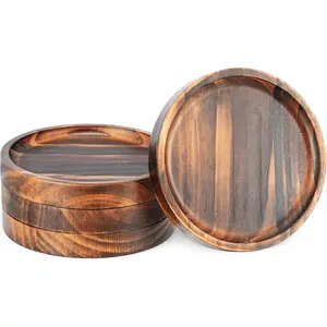 Wooden Coasters for Drinks - Natural Wood Drink Coaster Set for Drinking Glasses, Tabletop Protection for Any Table Type, Set of 4-4.3 Inches (No Holder)