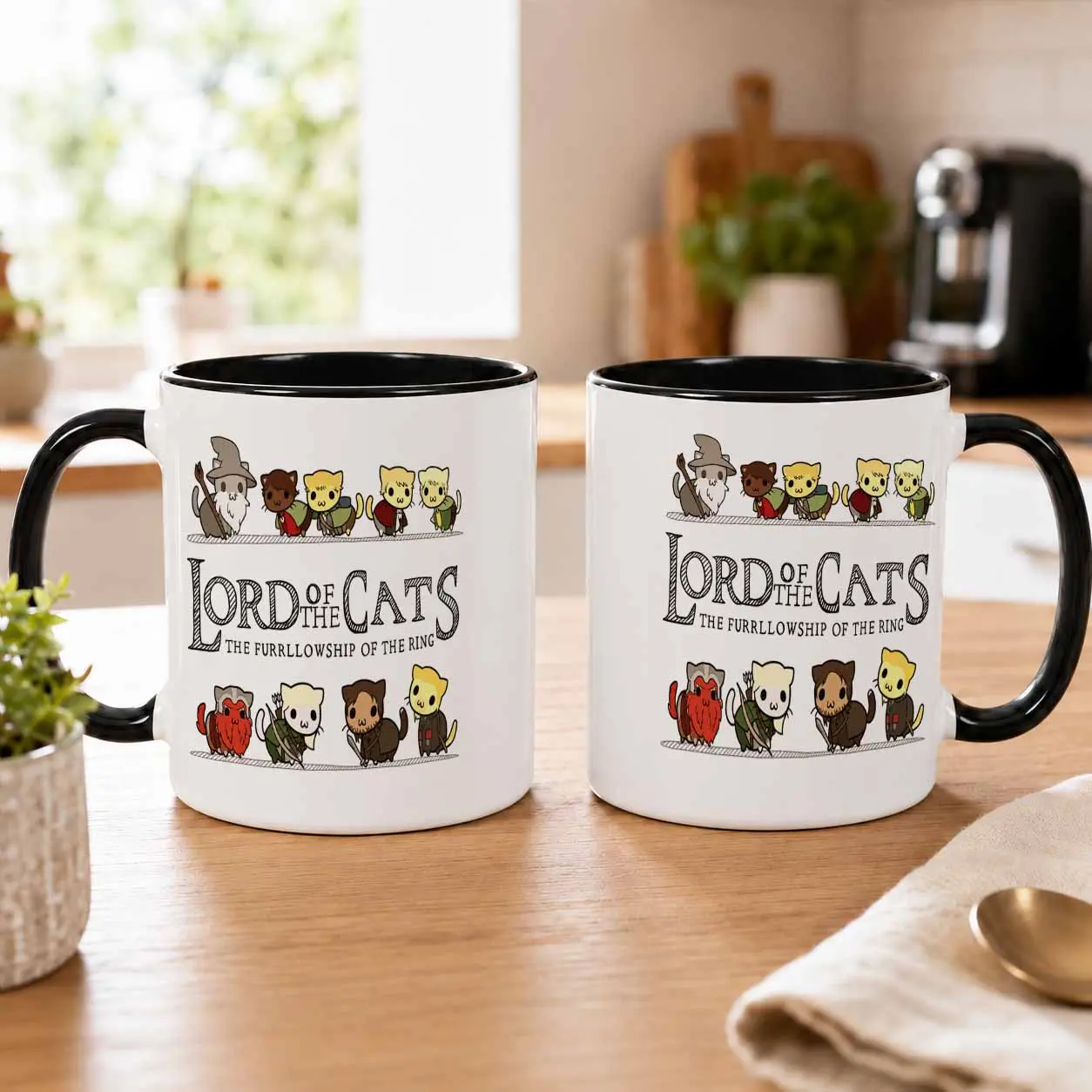 Fantasy Cat Wizard Mug 11oz/15oz  Cute Medieval Feline Fellowship Print  Ceramic Coffee Cup  Funny Geek Gift for Office Desk  Home Kitchen  Movie Fans