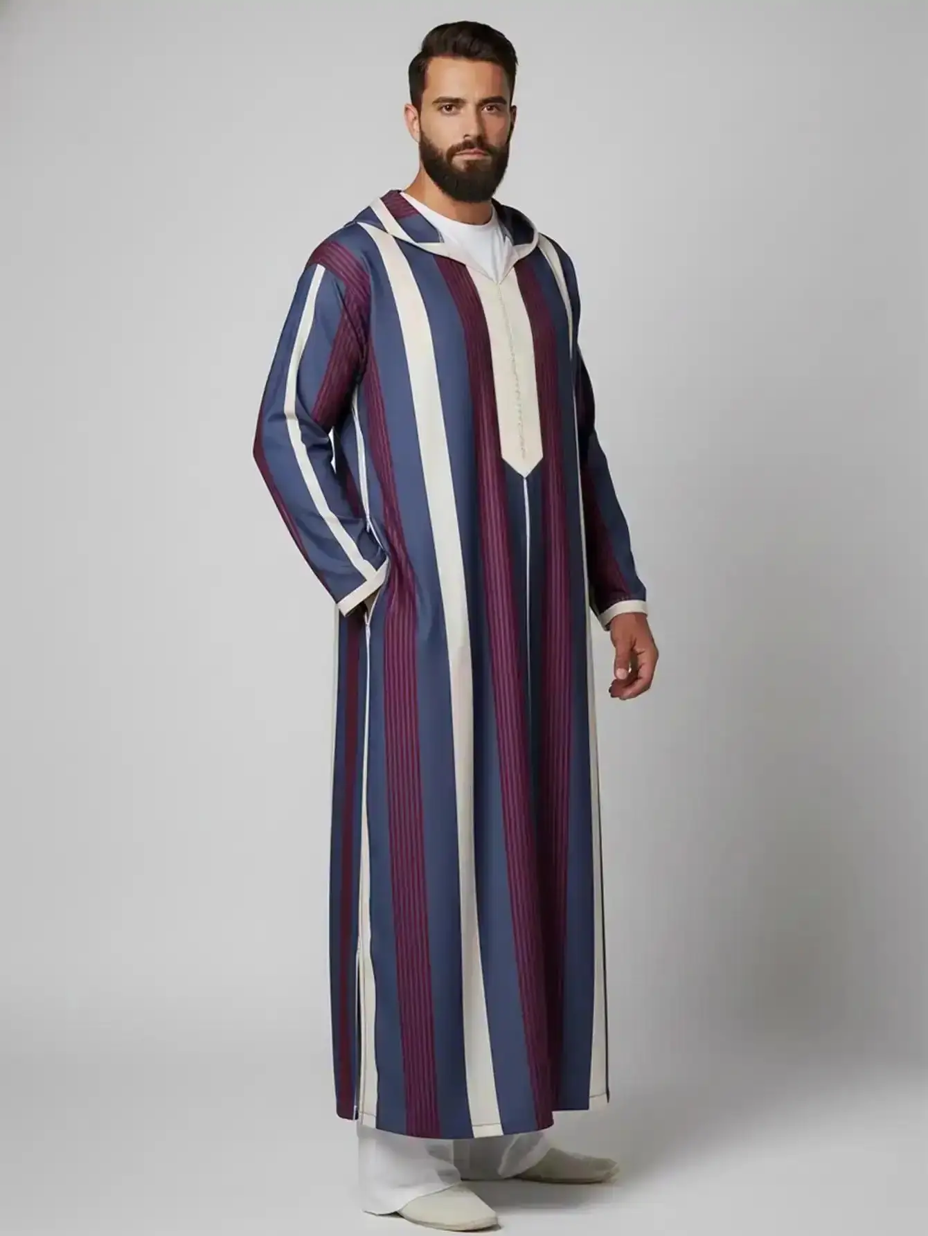 Men's Casual Djellaba, Striped Hooded Moroccan Thobe with Pockets, Long Sleeve Islamic Robe for, & Special Occasion, ComfortStretch, Lightweight, ModernStyle, UrbanStyle, EverydayLook, ComfortableFit