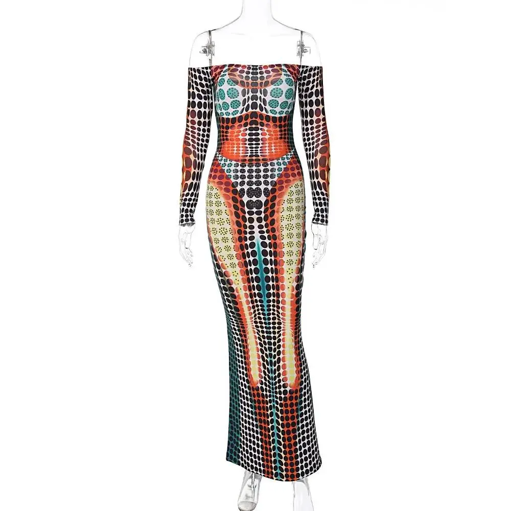 Ariann Off Shoulder Long Sleeve Bodycon Maxi Dress Casual Dot