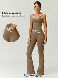 Women's Sportswear Two-Piece Set V-Neckline Enhances Clavicle Line, Hollow Out Big V Back Design, Color Block Waistband, Yoga Set