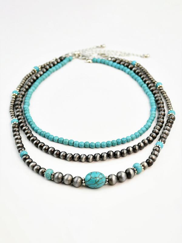 3pcs Vintage CCB Antique Lacquer Plated Beads Necklaces for Women, Synthetic Turquoise Jewelry Set, Elegant Western Style Modern Versatile Accessories