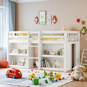 Twin Size Low Loft Bed Frame with 2-Tier Shelves & LED Lights, Wood Twin Loft Bed Frame with Stairs & Stairway Storage Function & Wood Slats Support, Twin Loft Bed, White
