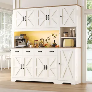 71" Tall Kitchen Pantry with LED Lights & Charging Station, Farmhouse Storage Cabinet with 4 Drawers & 6 Cabinets, Modern Kitchen Hutch for Dining Room with Adjustable Shelves, White