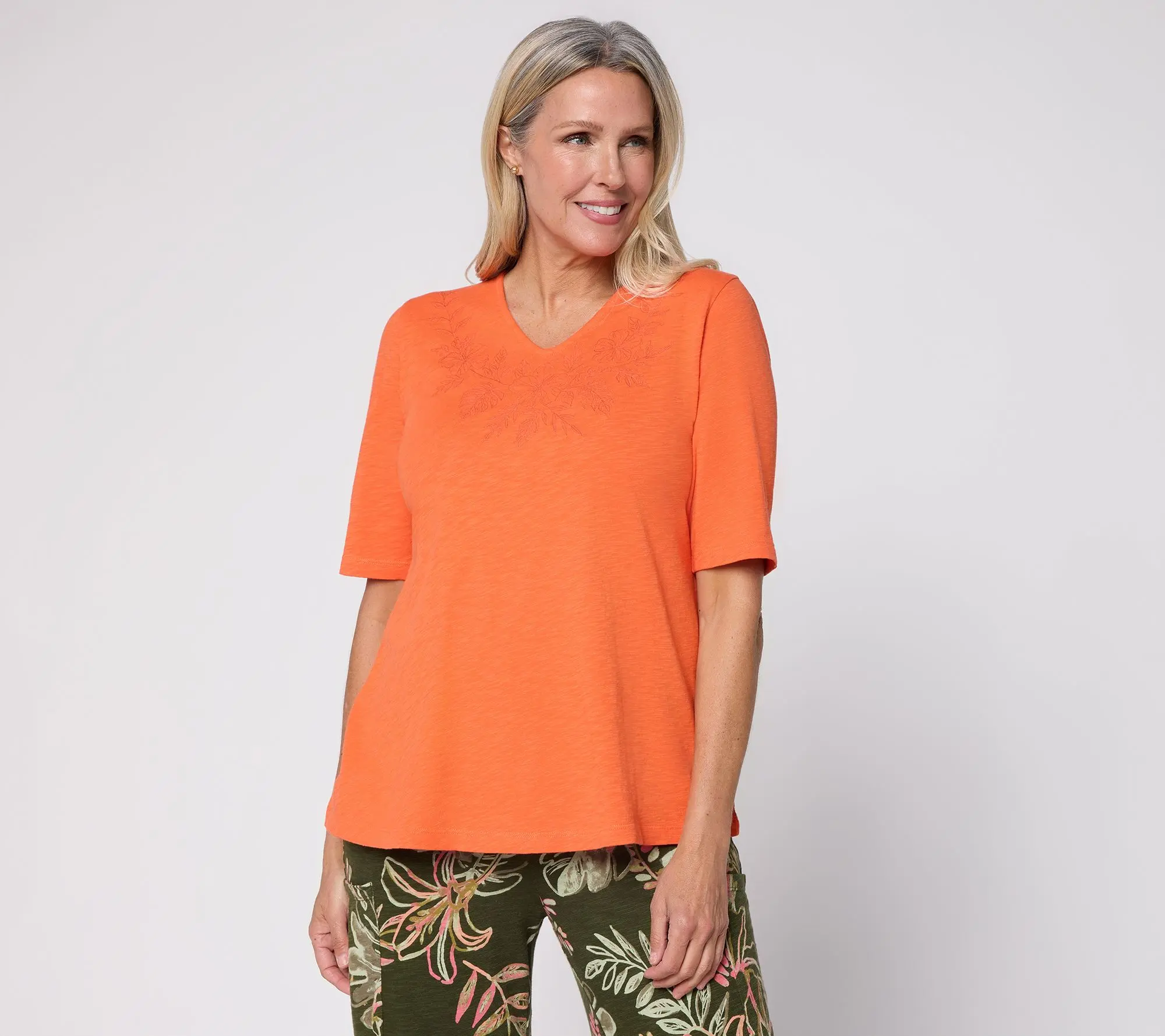 Denim & Co. Embroidered Slub Jersey V-Neck Swing Top