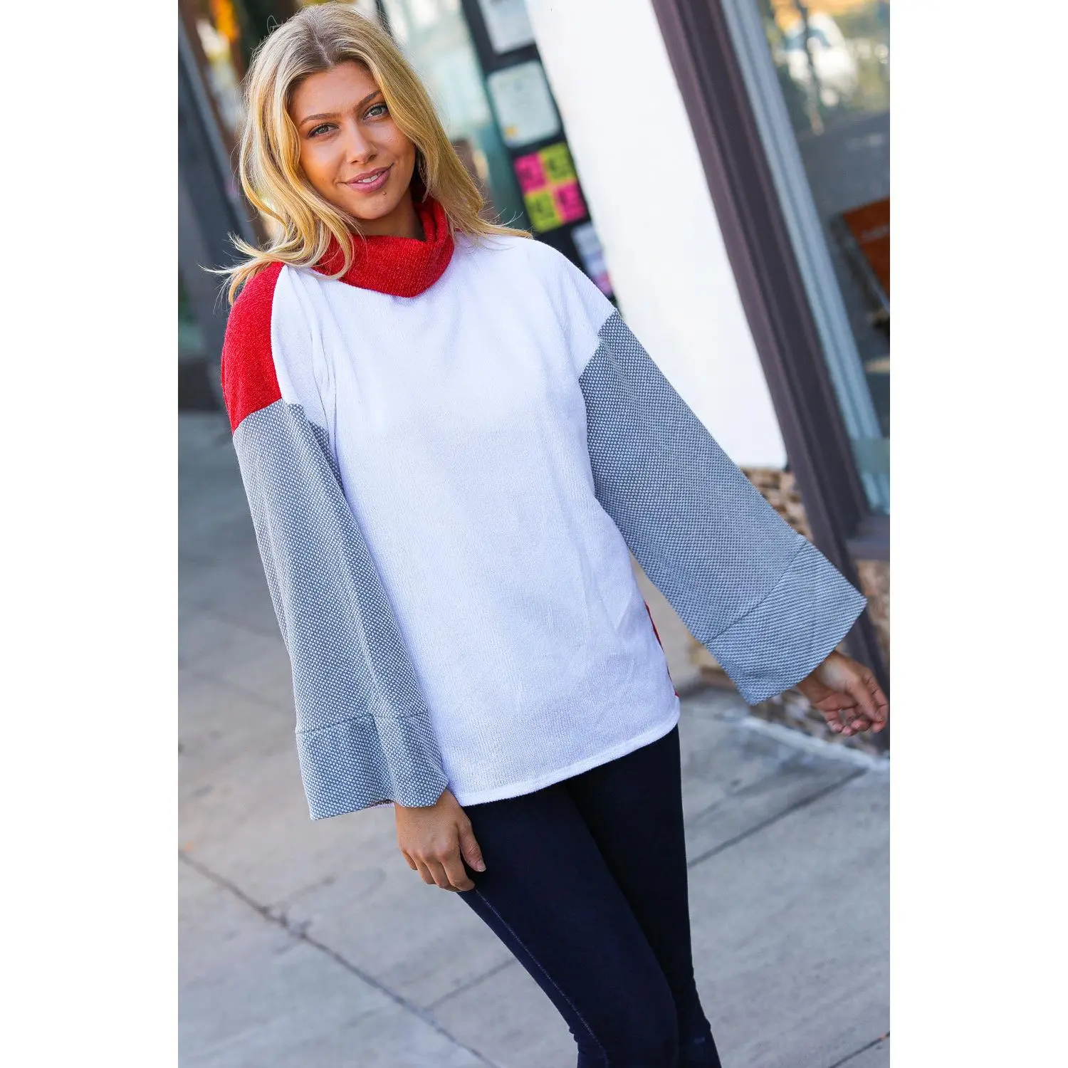 Red/White Hacci Color Block Jacquard Knit Turtleneck