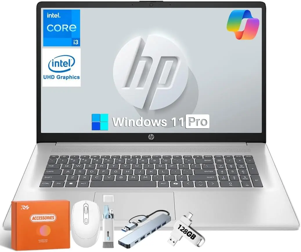 HP 2026 17.3" Laptop Compurter for Business & Student, Intel 8-Core Processor, FHD LED Anti-Glare Display, 16 GB RAM, 512 GB SSD, Win 11 Pro, Bluetooth 5.3, WiFi 6, Camera, Copilot AI, w/Accessories