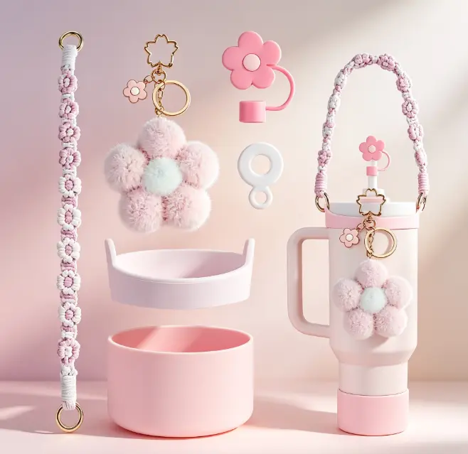 Stylish Silicone Straw & Cover Tumbler Accessories Set for 30oz-40oz Tumblers - Cute Plush Flower Pendant, Woven Daisy Chain, Cup Decor