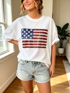 Women's Rhinestone Bling USA Flag Crew Neck T-Shirt - Summer Womenswear, Patriotic Red-White-Blue Sparkly Cotton Top, S-5XL, for 4th of July Independence Day Party & Everyday Outfits