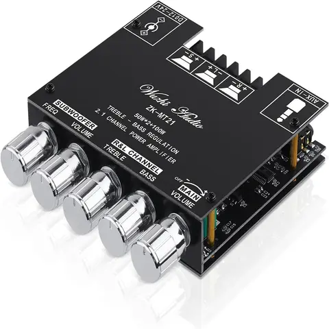 WUZHI ZK-MT21 Bluetooth 5.0 HiFi Digital Home Amplifier Board - 2.1 Channel 50Wx2+100W Mini Subwoofer Power Module, Stereo, Noise-Reducing, Wireless/BT-AUX Input, Treble & Bass Adjustment, 4-8 Ohms, 20-100W, DC 12-24V, for Home/Car Speakers