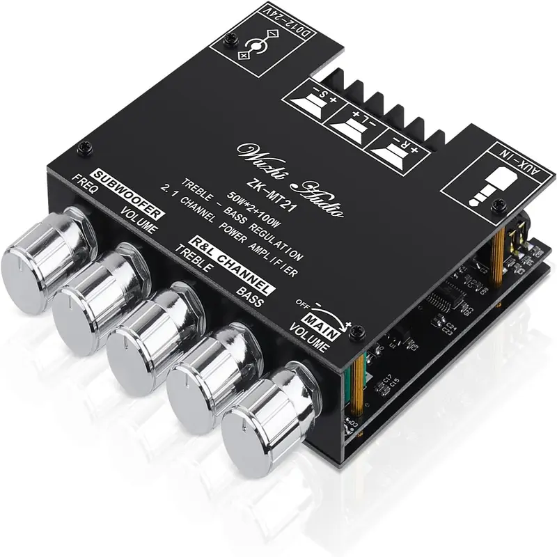 WUZHI ZK-MT21 Bluetooth 5.0 HiFi Digital Home Amplifier Board - 2.1 Channel 50Wx2+100W Mini Subwoofer Power Module, Stereo, Noise-Reducing, Wireless/BT-AUX Input, Treble & Bass Adjustment, 4-8 Ohms, 20-100W, DC 12-24V, for Home/Car Speakers