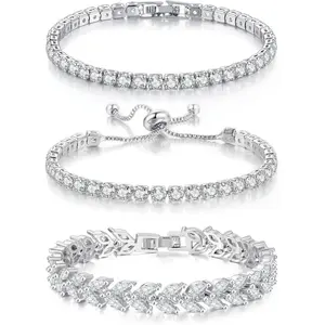 3 Pcs Tennis Bracelet Set 14K Gold Plated Marquise Cubic Zirconia CZ Diamond Dainty Adjustable Silver Bracelets for Women Brides Stackable Fashion Jewelry Wedding Prom Gift Makeup