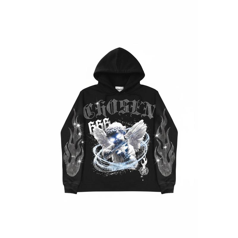Heavyweight Rhinestone Hoodie Black Urban Streetwear Angel Graphic Design with Rhinestone Flame Details Long Sleeve Unisex Comfortable Regular Fit