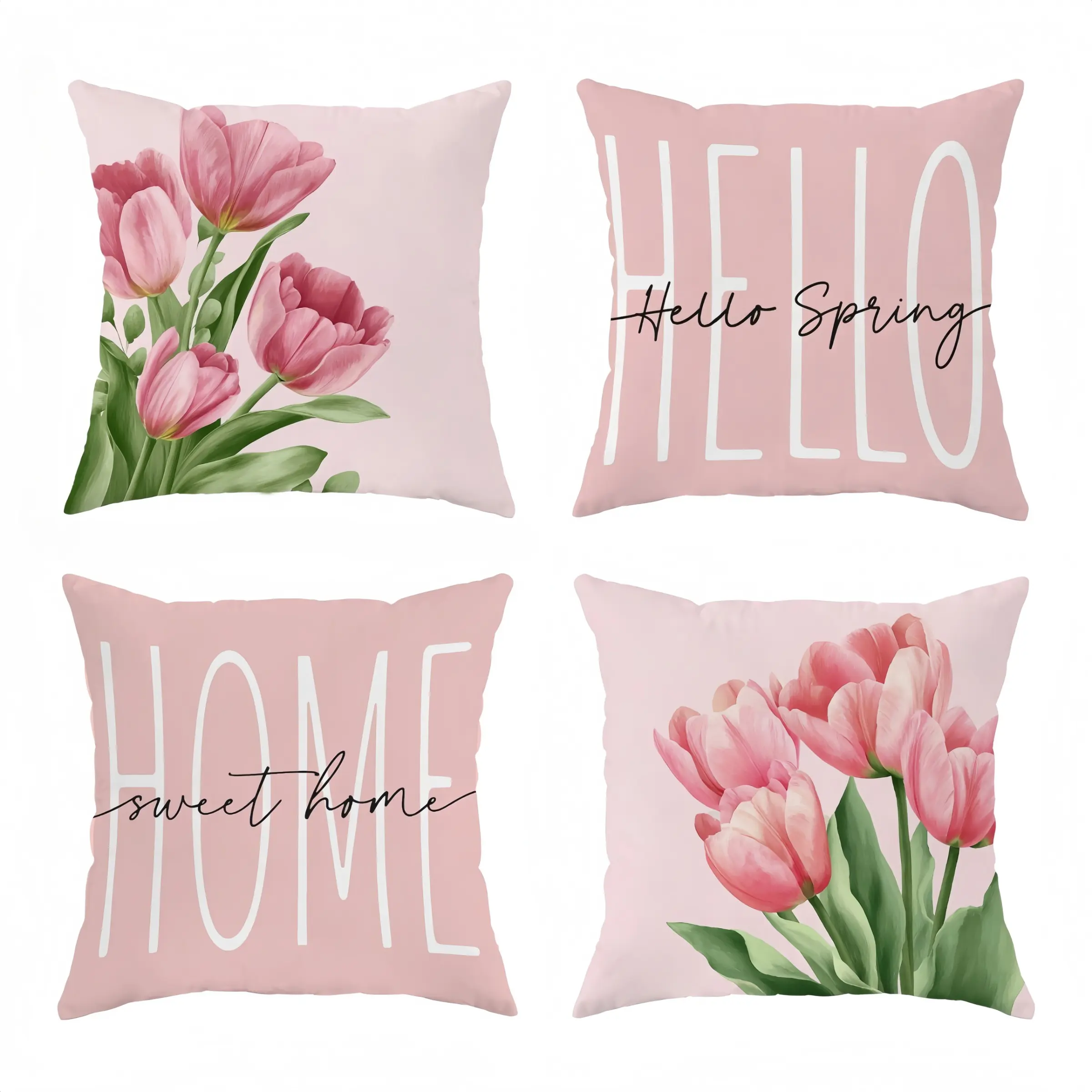 4pcs-Spring Floral Tulip Throw Pillow Covers, Pink Green Cosy Decorative, Home Spring Décor Products, Suitable Living Room, Bedroom Decorative Accessories, Sofa and Bed Decoration, 2D Flat, Single Sided Printing, No Pillow Core