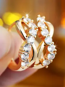1 Pair Golden Plated Twisted Hoop Earrings, Clear Cubic Zirconia Inlaid Huggie Ear Buckles, Double Layer Crossed Earrings For Women, Luxury Daily Wear Jewelry