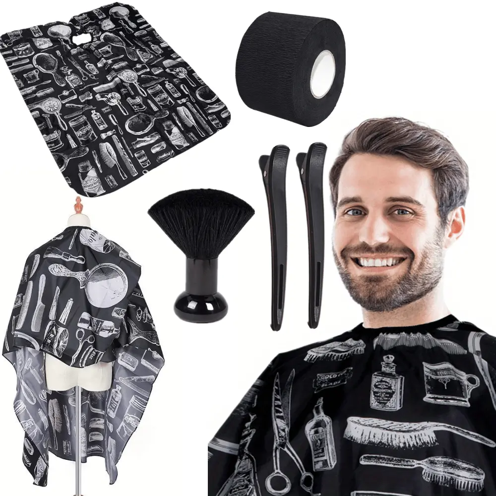 Professional 5-Piece Adjustable Barber Hair Cutting Cape Set with Neck Duster Brush, Large-Size Salon Hair Care Cape for Adults - Enhances Cleanliness