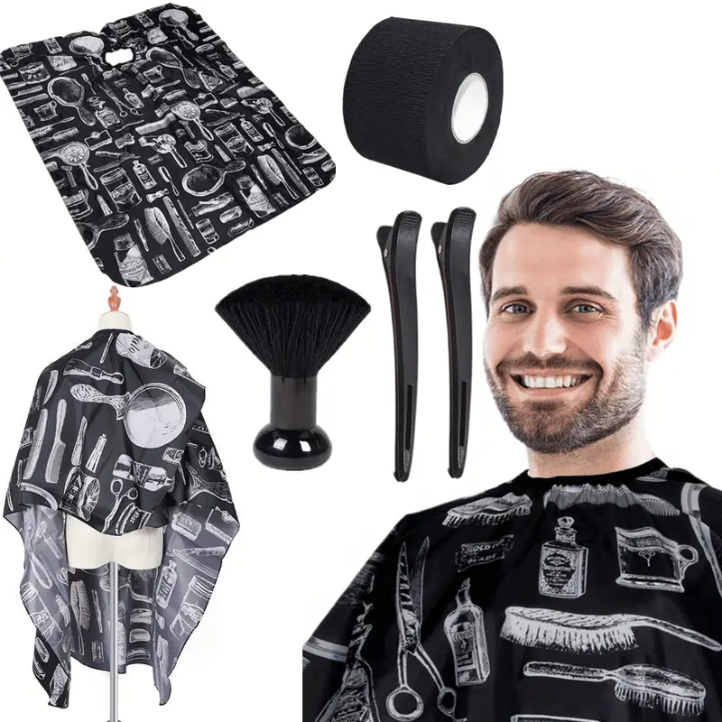 5-Piece Professional Barber Hair Cutting Cape Set - Large Size, Adjustable Custom Stay-Put Neck Fit, 5-Piece Coverage, Neck Duster Brush, Easy to Clean Barber Equipment for Adult Hair Containment