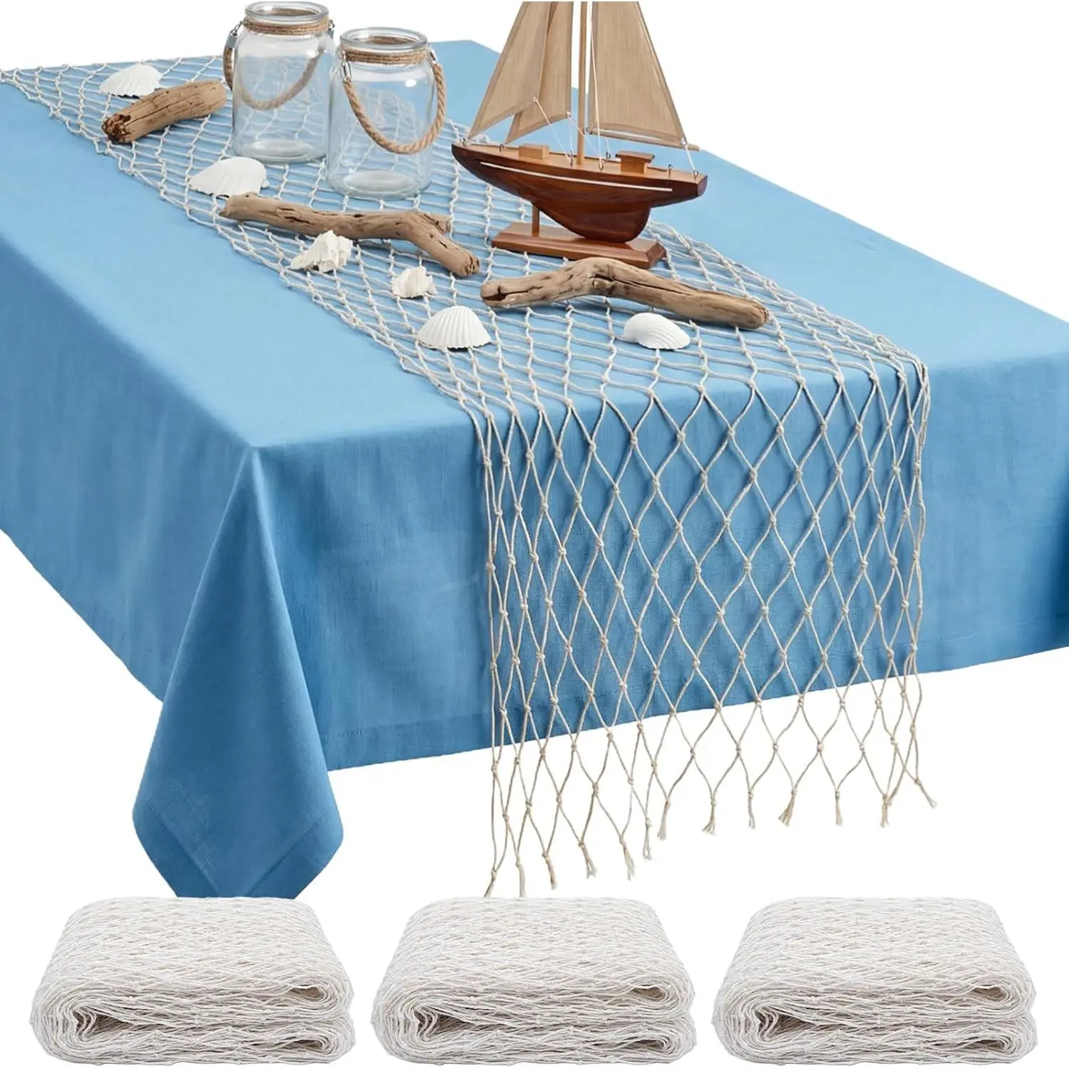 GOSTADY Rectangle Nautical Cotton Fishnet Table Runner - Sturdy Cotton Rope Weave Decor, Ideal for Pirate, Mermaid Themed Party Decorations (Natural)