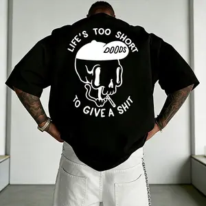 Retro skull print short-sleeve T-shirt featuring “LIFE’S TOO SHORT” double print design, oversized loose fit, heavyweight pure cotton—comfortable and breathable. A versatile streetwear piece for men with a cool bad boy vibe!