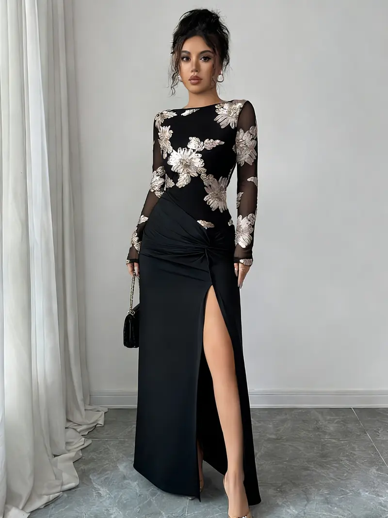 slim fit dress slacks Elegant Black Wedding Dress with Gold Flower Ruffle Skirt Black / 20W