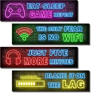 Qesonoo 4 Pcs Printed Neon Gaming Posters, Teen Boys Room Decorations, gamer wall art Decor for bedroom Wooden