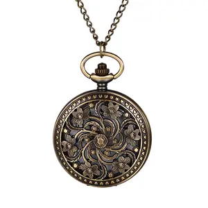 OIDEA Vintage Pocket Watch Hollow Engraved Floral Design Quartz Fob Watch with Long Necklace Chain Unisex